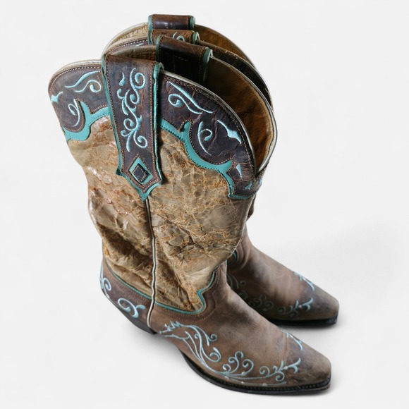 Sterling River Women's Cowboy Boots US 9 B Brown Teal Leather Rustic Western